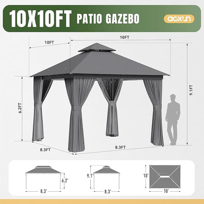 Aoxun Outdoor Gazebo for Patio 10x10, Metal Frame Canopy with Double Roofs, Heavy Duty Party Tent and Shelter with Mosquito Netting and Privacy Screen for Backyard, Lawn, Garden, Deck