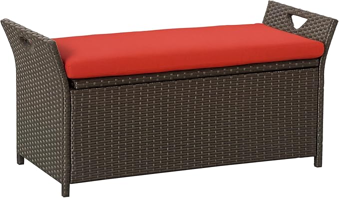 Storage Bench, Patio Wicker Look, 29 Gallon Red Rattan
