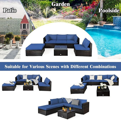 Tangkula 6 Piece Patio Furniture Set, Outdoor Deck Lawn Backyard Durable Steel Frame PE Rattan Wicker Sectional Sofa Set, Conversation Set with Coffee Table (Navy)