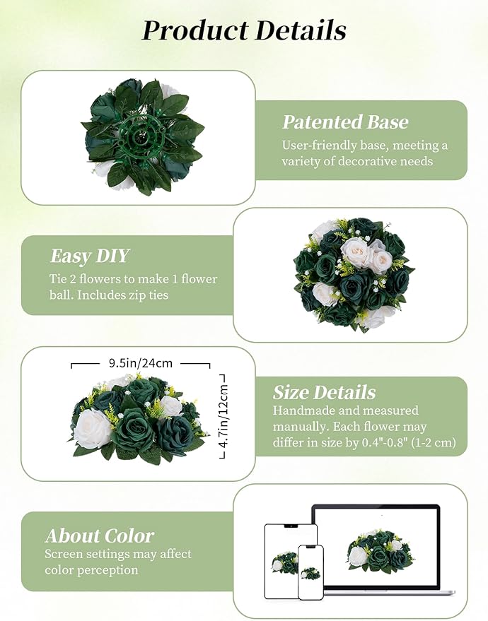 Artificial Flower Balls, Silk Rose Centerpieces in Green and Ivory