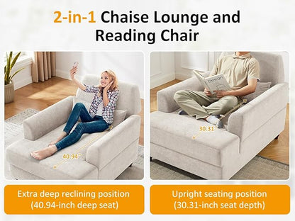 Chaise Lounge Chair Indoor Set of 2, Oversized Accent Chair for Living Room with Adjustable Backrest, Upholstered Mid-Century Reading Armchair for Adults, Comfy Modern Single Sofa Chair for Bedroom