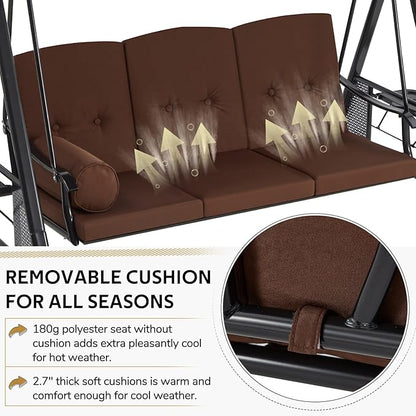 U-MAX 3-Seat Porch Swing Chair Steel Frame, Patio Swing Chair with Stand and Removable Cushions, Outdoor Canopy Swing Chair for Outside, Backyard, Garden, Brown Cushion