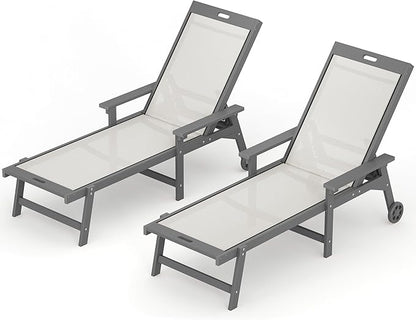 LUE BONA Chaise Lounge Chair Outdoor, HDPS and HDPE Wicker Chaise Lounger with 5 Positions, Pool Lounge Chairs with Wheels and Adjustable Backrest for Patio, Poolside, Deck, Backyard