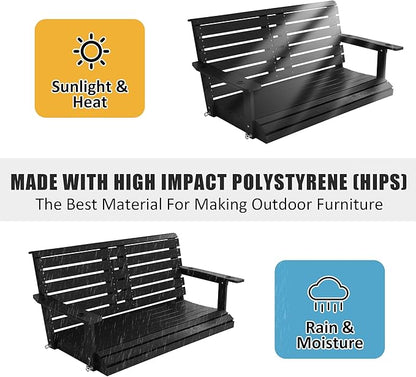 Poly Lumber 2-Seat Porch Swing, HIPS 4.5-Feet Bench Swing with Foldable Cup Holders,18/8 Stainless Steel Hardware, High Backrest and Deep Contoured Seat (Carbon Black, 4.5-feet)