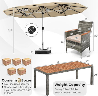 Tangkula 10 Pieces Patio Wicker Dining Set w/Double-Sided Patio Umbrella, Outdoor Acacia Wood Furniture Set w/ 8 Armchairs, 71” Dining Table & 15 ft Umbrella with Weighted Base (Beige)