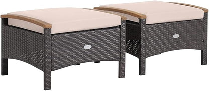 Tangkula 2 Piece Patio Rattan Ottomans, Outdoor Wicker Footstool w/Acacia Wood Handles, Soft Zippered Cushions, 3-in-1 Function Footstool Seat & Side Table for Backyard, Balcony, Poolside (Beige)