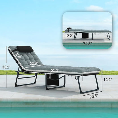 Outsunny Chaise Lounge Chair Outdoor Set of 2, 5-Position Adjustable Outdoor Pool Lounge Chairs, Folding Tanning Chair Beach Lounger with Cushion, Headrest, Side Pocket for Patio, Yard, Black/Gray