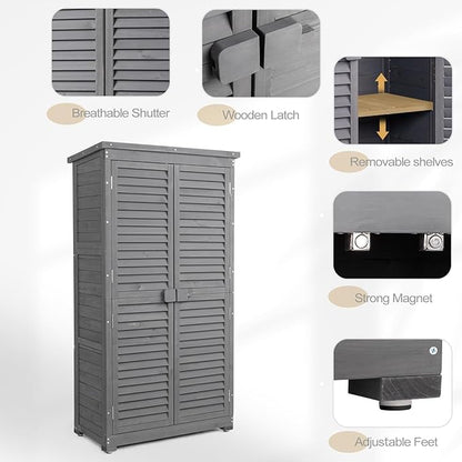 Outvita Outdoor Storage Cabinet, 63in Wooden Garden Tools Shed with 2 Lockable Doors, 3 Adjustable Shelves, Waterproof Roof for Yard Garge Patio Deck Porch（Grey）