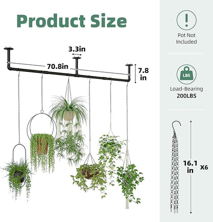 Plant Hanger Indoor with 6 Hanging Chains Hanging Planters for Indoor Plants Hanging Plant Holder Window Plants Rod Black Metal Shelves(70.8 Inch Pot not Included