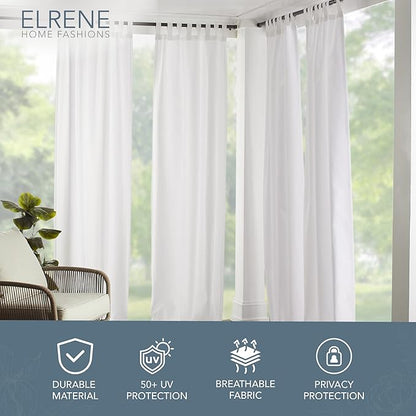 Elrene Home Fashions Matine Weatherproof Tab-Top Indoor/Outdoor Solid Color Curtain Panel for Porch, Pergola, Patio, Deck, 52”W x 108”L, White