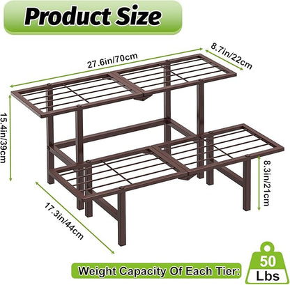 2 Tier Plant Stand Indoor Outdoor, Foldable Metal Separated Ladder Plant Stands, Plant Shelf Multiple Flower Pot Holder Display Shelving for Garden Living Room Patio,Brown