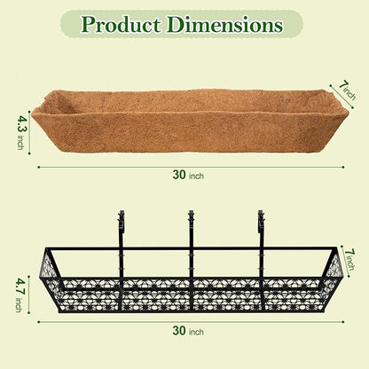 SPECILITE 30" Window Boxes Planters, Heavy Duty Metal Railing Planter Boxes, Adjustable Balcony Planters for Railing Hanging, with Coco Liner & Tool Set for Deck, Porch, and Patio Gardening (2 Pack)