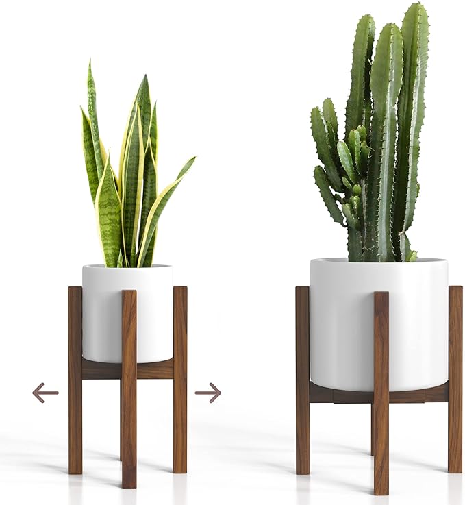 Mid Century Plant Stand - Solid Wood Item Stand Handmade with Acacia - Fits Medium & Large Pots Sizes 8 to 12 inches (Not Included) (Adjustable Width: 8-12 inches, Dark Brown)