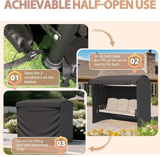 U-MAX Porch Swing with Cover, Patio Swing with Adjustable Backrest&Canopy 3 Seat Outdoor Swing with Canopy 2-in-1 Convertible Patio Daybed with Removable Beige Cushions