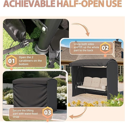 U-MAX Porch Swing with Cover, Patio Swing with Adjustable Backrest&Canopy 3 Seat Outdoor Swing with Canopy 2-in-1 Convertible Patio Daybed with Removable Black Cushions