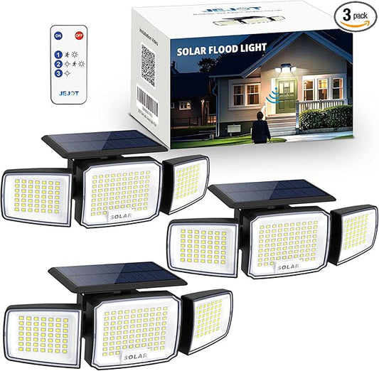 Solar Security Light Outdoor Super Bright LED, Motion Sensor Flood Light, 3 Heads 270° Wide Angle,Remote Control, IP65 Waterproof, 3 Modes (3 Packs)