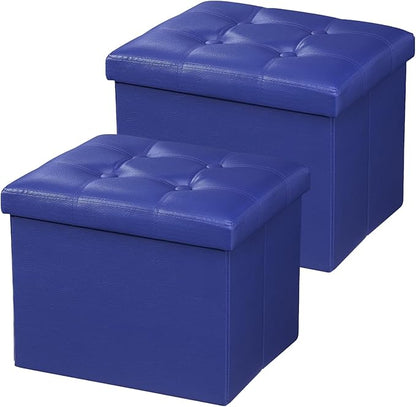AmasSmile Storage Ottoman Foot Rest Stool, 17 inch Folding Leather Footstool Bench, Short Ottoman Stool, Blue Storage Foot Rest Store, Books