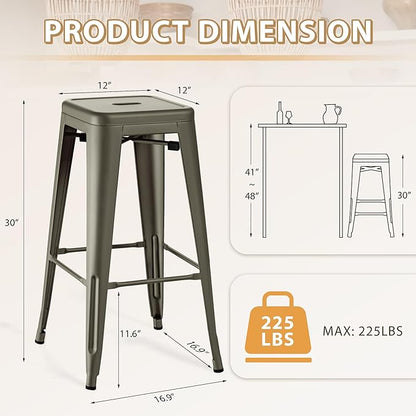 Furmax 30 Inch Metal Bar Stools Set of 4, Counter Height Backless Stools, Industrial Bar Chairs Patio Stool Stackable Backless Stool for Kitchen/Dining Room/Bistro/Patio Indoor Outdoor (Gun)