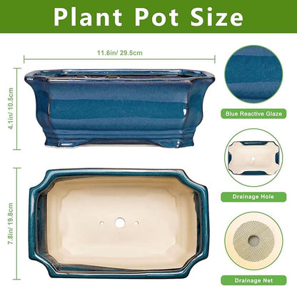 Bonsai Pots 11.6 Inch - Ceramic Succulent Pots with Drainage Hole, Rectangular Planter for Indoor Outdoor, Decorative Ceramic Flower Pot, Home Garden Room Decor, Plant Lover Gifts, Retro Blue