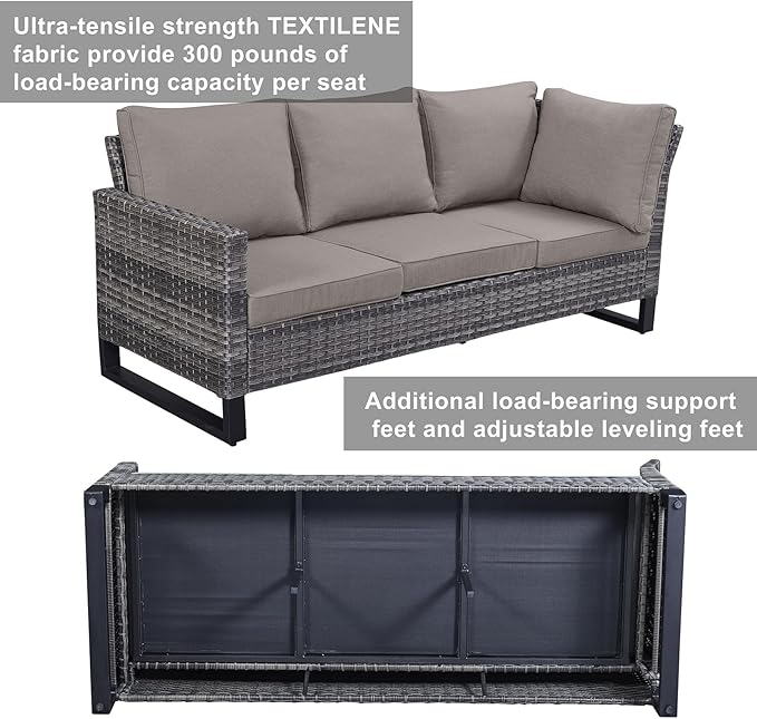 Belord Outdoor Sectional Sofa 6 Seater L Shaped Couch Wicker Patio Conversation Furniture Set with Tree-Grain Finish Metal Dining Table, Rattan Outdoor Furniture with Removable Washable Cushion Blue