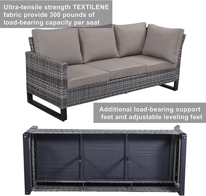 Belord Outdoor Sectional Sofa 6 Seater L Shaped Couch Wicker Patio Conversation Furniture Set with Tree-Grain Finish Metal Dining Table, Rattan Outdoor Furniture with Removable Washable Cushion Blue