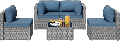 SUNLEI 5pcs Patio Furniture Sets Conversation Set, Low Back All-Weather Rattan Sectional Sofa with Tea Table&Washable Couch Cushions, Outdoor Furniture Set (Silver Rattan)