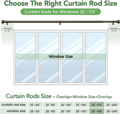 Curtain Rods for Windows 32 to 170, 1 Inch Adjustable Heavy Duty Long Window Outdoor Curtain Rod for Patio, Drapery Rods with Simple End Caps, Size 32"-170", Antique Bronze