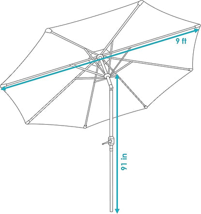Sunnydaze Outdoor Patio Umbrella - Polyester Table Market Umbrella with Push-Button Tilt and Crank - 8 Sturdy Ribs - Awning Stripe - 9ft