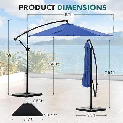 OLIXIS 9.7FT Offset Patio Umbrella with Base, Cantilever Table Umbrellas for Outdoor Sun Shade UV Protection with Easy Tilt Adjustment, 8 Ribs for Backyard, Lawn, Garden, Pool - Blue