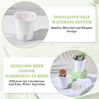 24 Pcs Self Watering Pots for Indoor Plants, 3 Inch White Plastic Self Watering Planters with Water Level Indicator - Perfect for Succulents