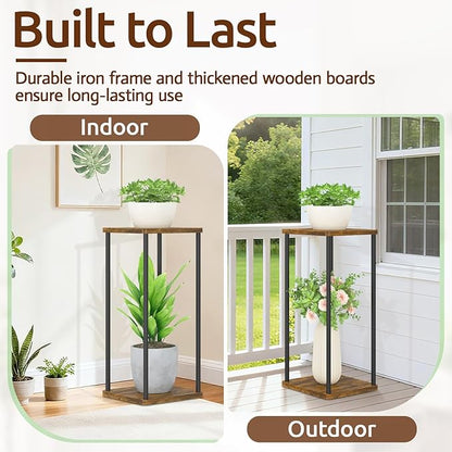 2 Tier Plant Stand Indoor, Oppro 28In Tall Corner Vertical Wood Metal Shelf, Square Modern Black Large Planter Table Heavy Duty Flower Pot Holder Rack for Narrow House Living Room Floor Orchid, Rustic