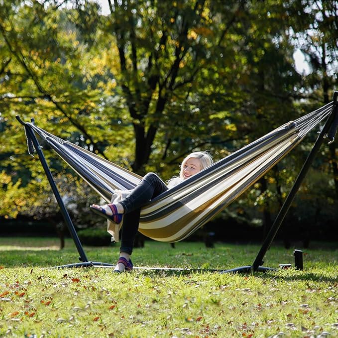 Vivere Double Cotton Hammock with Space Saving Steel Stand, Upgraded Polyester End Strings 450 lb Capacity - Premium Carry Bag Included - (Desert Moon)