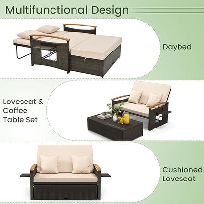 Tangkula Patio Rattan Daybed with 4-Level Adjustable Backrest, Outdoor Wicker Loveseat with Acacia Wood Armrest, Storage Ottoman & Folding Tray, Double Sunbed Lounger for Balcony, Backyard & Poolside