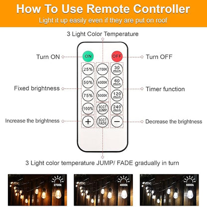 Mlambert 3 Color Outdoor LED Dimmable String Lights for Patio with Remote, Plug in 48FT Waterproof Shatterproof Edison Bulb Lights for Bistro Pergola