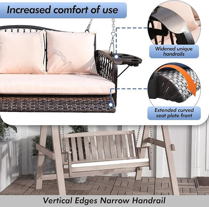 Wicker Porch Swing Heavy Duty 900 LBS 3-Seat Outdoor Patio Swing Chair with Cushions & 8.9ft Chains Outdoor Hanging Bench with Upgraded Cup Holders for Garden Deck Backyard