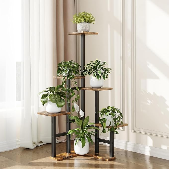 Corner Plant Stand Indoor, 6 Tiered Corner Plant Shelf Flower Stand for Multiple Plants, Plant Shelves Organizer Rack for Living Room, Balcony, Patio, Garden, Square Rustic Brown