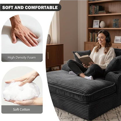 67" Oversized Chaise Lounge Chair Indoor, Soft Boneless Cloud Couch with 3 Pillows, 4 Side Pockets and 2 Cup Holders, Comfy Corduroy Sleeper Couch for Living Room Bedroom