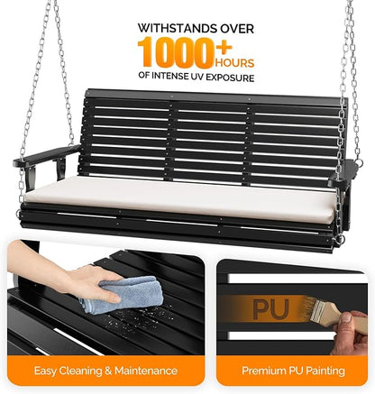 VINGLI Heavy Duty 880 LBS Patio Wooden Porch Swing Outdoor with Extra Cushion, Farmhouse Hanging Bench Tree Swing with Adjustable Chains for Yard | Garden | Lawn | Balcony (5 FT, Black)