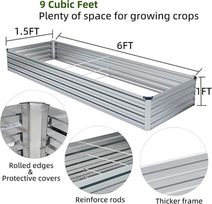 2 Pack 6x1.5x1FT Galvanized Raised Garden Bed Kit, Outdoor Metal Planter Box for Vegetables, Bottomless Rectangular Gardening Bed with Support Rods, Tool-Free Assembly, Silver