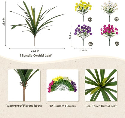 Artificial Flowers for Outdoors Fake Plants Outside, 12 Bundles Silk Morning Glory with Eucalyptus + Orchid Leaf UV Resistant Realistic Faux Flowers for Porch Planter Garden Patio (Mix Color)
