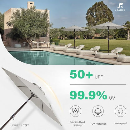 JEAREY 7.5FT Patio Umbrella Market Table Umbrella with 6 Sturdy Ribs, Push Button Tilt/Crank Outdoor Umbrella for Garden, Deck, Backyard, Pool and Beach,Light Grey