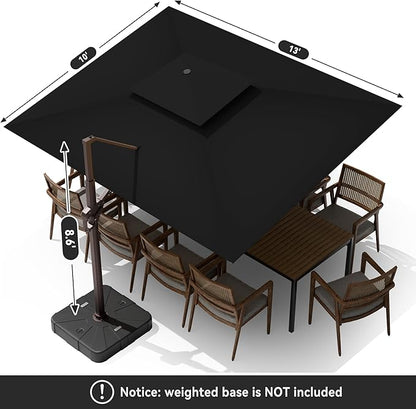 10 X 13 FT Cantilever Outdoor Patio Umbrella with Led Lights Large Heavy Duty 360° Rotation Double Top Offset Rectangular Umbrellas for Backyard Garden Pool Outside Deck, Black