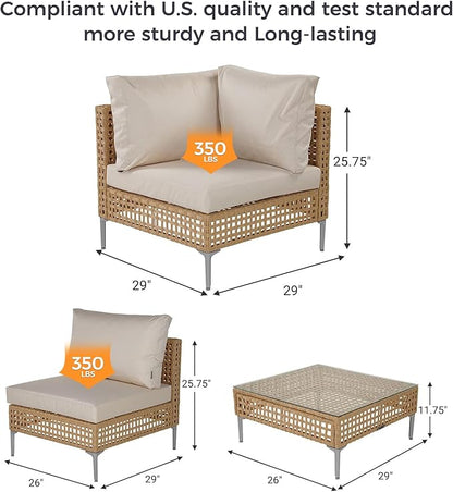 Grand patio 9-Piece Wicker Patio Furniture Set, Boho Outdoor Conversation Set Sectional Sofa with Water Resistant Beige Thick Cushions and Coffee Table, Cream