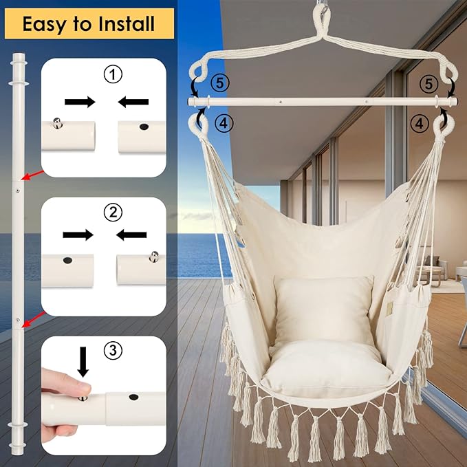 Y- STOP Hammock Chair Hanging Rope Swing, Max 500 Lbs, 2 Cushions Included, Large Macrame Hanging Chair with Pocket for Superior Comfort, with Hardware Kit (Beige)