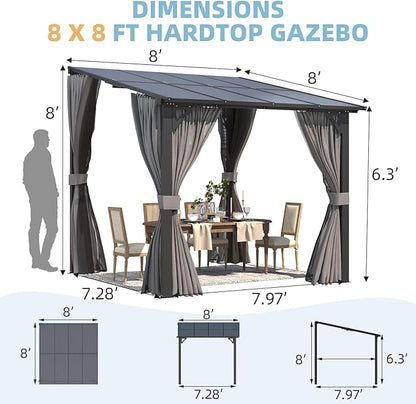 AECOJOY 8' X 8' Gazebo for Patio, Small Wall-Mounted Lean to Pergola 8x8 Gazebo with Curtains and Netting, Hard Top Gazebo on Clearance for Lawn Backyard Garden Deck