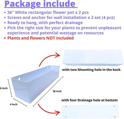 LaLaGreen Wall Planters for Outdoor (36 Inch, 2 Pack) White Carbon Steel Metal Hanging Flower Pots, Long Rectangular Wall Mount Window Box Planters for Succulents, Balcony, Fence, Deck Garden Décor