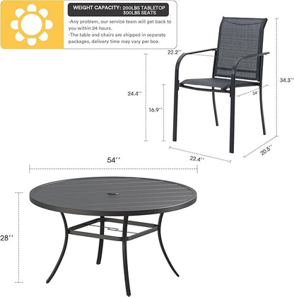 VICLLAX Patio Dining Set for 8, Outdoor Furniture Set Includes 53" Round Patio Table and 8 Patio Sling Chairs, Black Tabletop and Grey Fabric