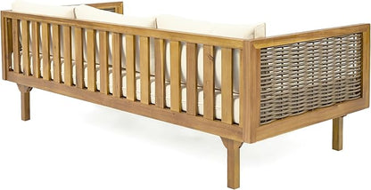 Merax 67.5" Outdoor Patio Daybed 3 Seater Sofa Bed,Acacia Wood Frame with Rattan Arm,Cushion & Pillow