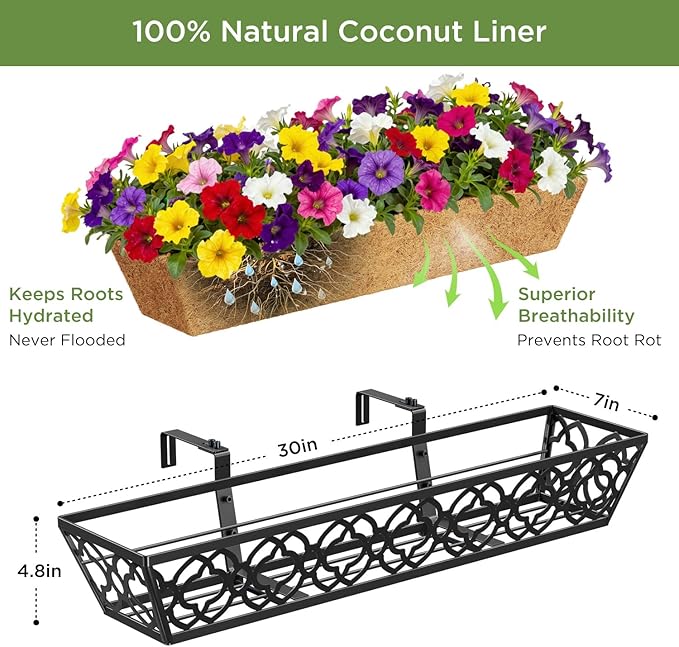 Y&M 2pcs 30" Window Boxes Horse Trough with Coconut Coir Liner,30 Inch Window Deck with Coco Liner, Black Metal Hanging Flower Planter Window Basket Deck Railing Planter Boxes for Outdoor Indoor