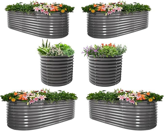 A ANLEOLIFE Set of 6, 30 Inch Extra Tall Galvanized Raised Garden Beds Kit, Large Oval & Round Metal Planters – Ideal for Backyard Vegetables Flowers Herbs, Quartz Grey